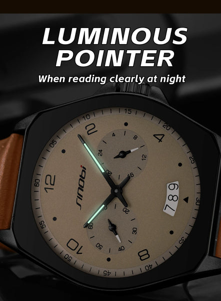 SINOBI Men’s Quartz Watch – Fashion Leather Strap, Waterproof, Top Brand Gift Wristwatch