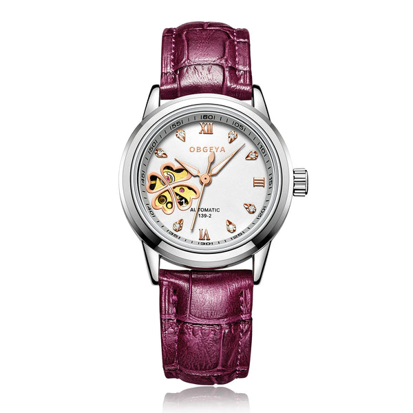 Women's Automatic Watch – Diamond Four-Leaf Clover Dial, Rose Leather Strap, Waterproof, Mechanical Luxury Wristwatch