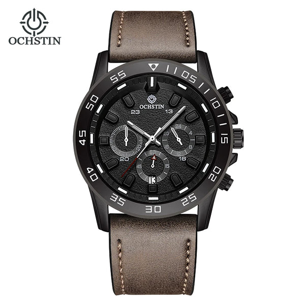 OCHSTIN Men’s Quartz Watch – Waterproof, Leather Strap, 24-Hour Display, Multifunction Classic Wristwatch