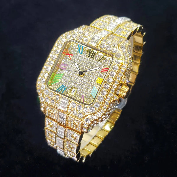 2025 Men's Iced Out Watch – Square, Diamond Bling, Colorful Numbers, Hip Hop Style