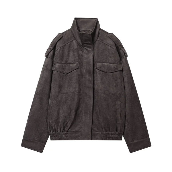 Women's Oversized Suede Bomber Jacket – Zip Up, Demi-Season, Winter Outerwear