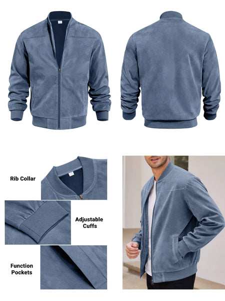 Men's Suede Bomber Jacket – Solid Color, Round Neck, Zipper Closure, Casual Sport & Golf Outerwear