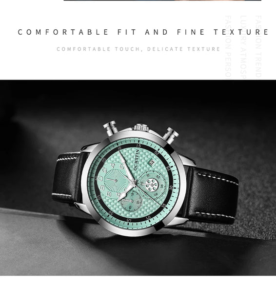OCHSTIN Men’s Quartz Chronograph Watch – Waterproof, Leather Strap, Luminous Hands, Luxury Wristwatch