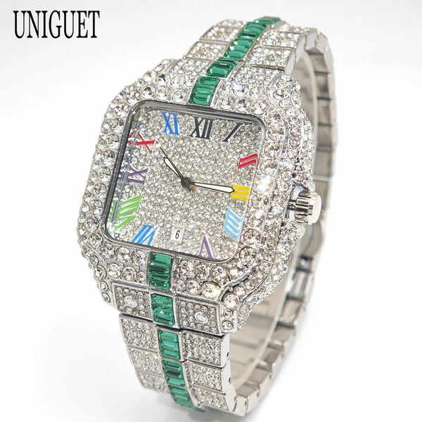 2025 Men's Luxury Watch – Rainbow Dial, Diamond Bling, Waterproof, Hip Hop Style