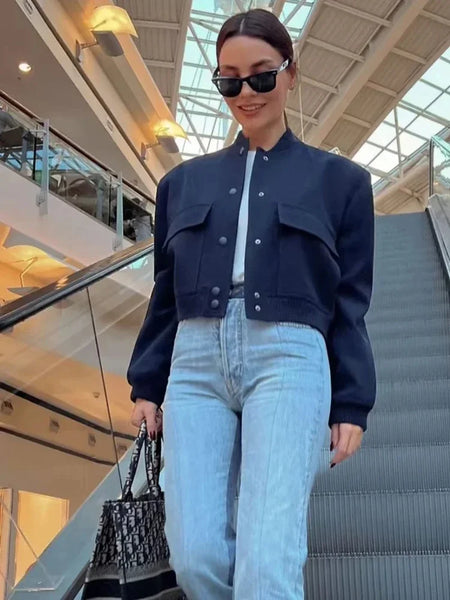 Women's White Cropped Bomber Jacket – Button-Up Baseball Aviator Style, Long Sleeve Autumn/Winter Coat