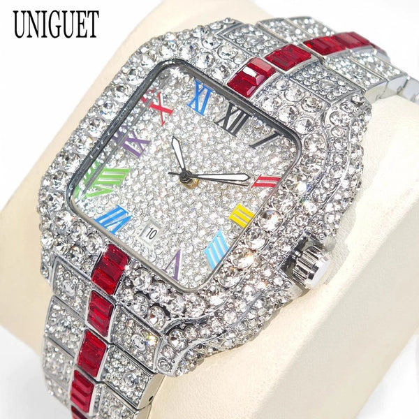 2025 Men's Luxury Watch – Rainbow Dial, Diamond Bling, Waterproof, Hip Hop Style