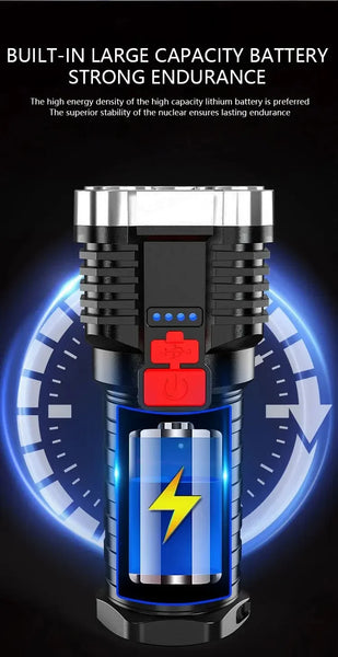 5LED High Power Led Flashlights Rechargeable Camping Spotlight with Side Light 3 Lighting Modes for Camping Adventure Outdoor