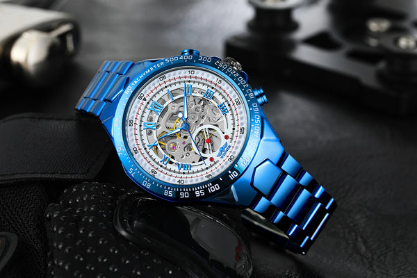 2024 Blue Dial Stainless Steel Skeleton Mechanical Automatic Watch Military Waterproof Male Wrist Watches High End Luxury