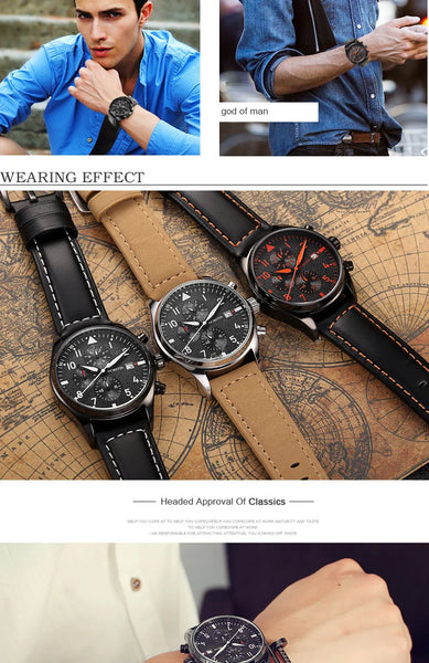 OCHSTIN Men’s Sports Watch – Waterproof Quartz, Calendar, Three-Eye Dial, Leather Strap, Fashion Casual