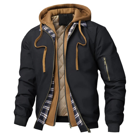 Men's Warm Bomber Jacket – Autumn Winter Hooded Windbreaker, Hiking Parka, Thermal Zip
