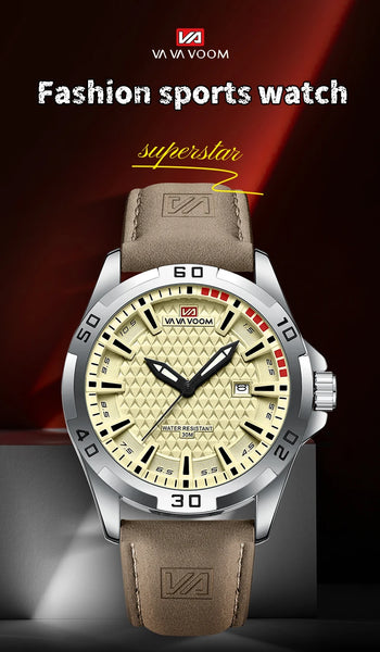 VA VA VOOM Men's Sport Quartz Watch – Military Style, Calendar, Waterproof, Leather