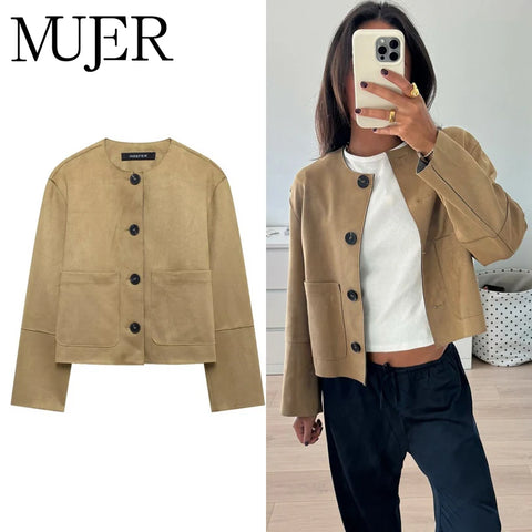 Women's 2025 Suede Varsity Bomber Jacket – Long Sleeve Winter Coat, Soft Vintage Style