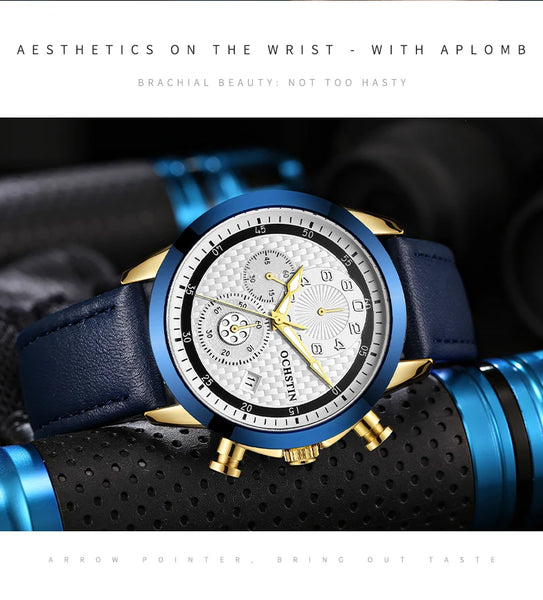 OCHSTIN Men’s Quartz Chronograph Watch – Waterproof, Leather Strap, Luminous Hands, Luxury Wristwatch