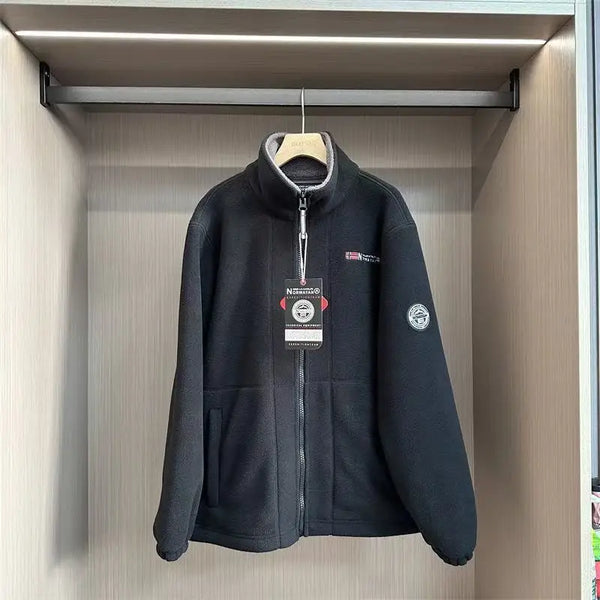 Norway Men’s Winter Fleece Jacket Coat – Thick Warm Casual Zip-Up, Stand Collar, Ameika Style