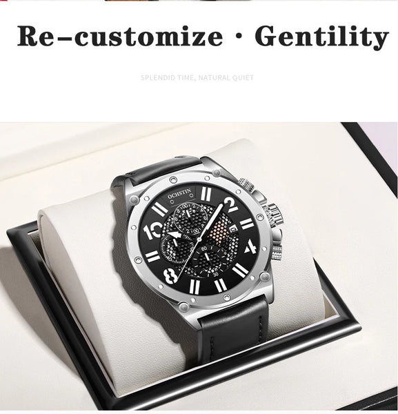 OCHSTIN Men’s Quartz Watch – Waterproof, Leather Strap, Luminous Hands, Multifunction Chronograph