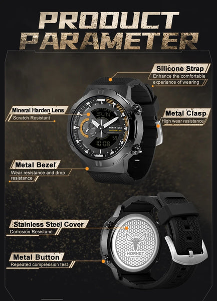 NORTH EDGE 2022 HORNET Men's Digital Watch is a rugged, multifunctional sports timepiece designed for military, outdoor, and athletic use—with world time, stopwatch, countdown, and 50M water resistance.