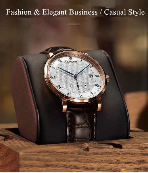 Carnival Men’s Luxury Watch – Automatic Mechanical, Waterproof, Rose Gold/Silver, Calendar
