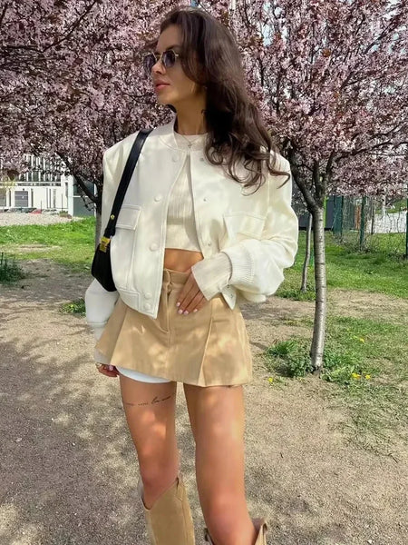 Women's White Cropped Bomber Jacket – Button-Up Baseball Aviator Style, Long Sleeve Autumn/Winter Coat