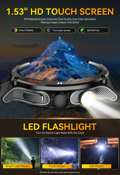 EIGIIS KT76 Smart Watch Men’s 3ATM Waterproof Compass LED Flashlight Bluetooth Call