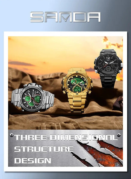 Solar-Powered Business Watch – Dual Display, Steel Band, Luminous Hands