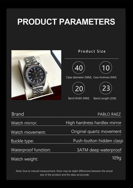 PABLO RAEZ Men's Luxury Silver Watch – SUS304 Steel, Luminous, Waterproof