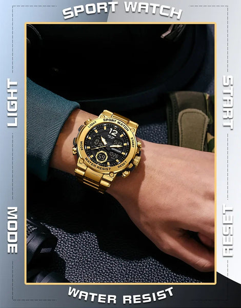 Solar-Powered Business Watch – Dual Display, Steel Band, Luminous Hands