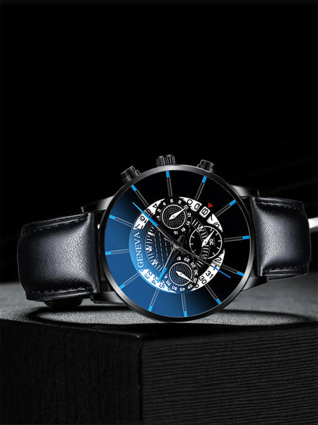 3pcs Men's Fashion Atmospheric Simple Trend Large Disc Business Quartz Watch High-end Luxury Blue Bracelet Two-Piece Set