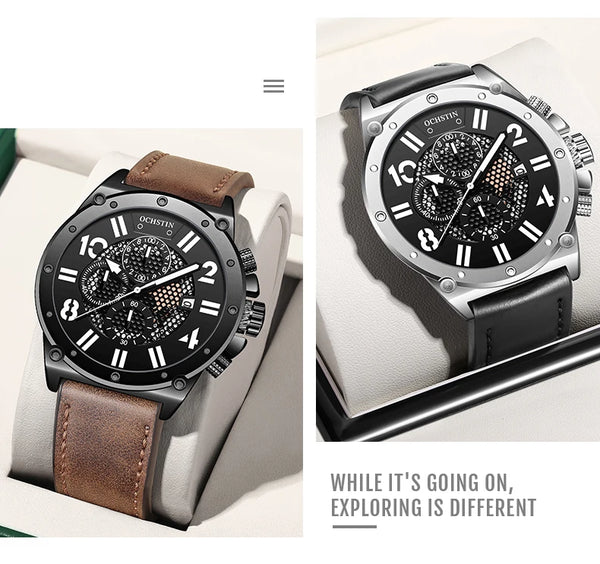 OCHSTIN Men’s Quartz Watch – Waterproof, Leather Strap, Luminous Hands, Multifunction Chronograph
