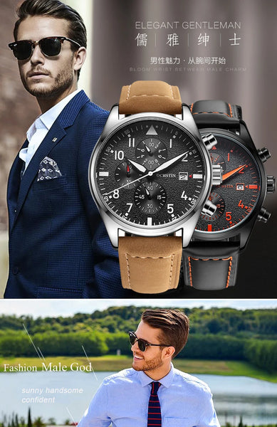 OCHSTIN Men’s Sports Watch – Waterproof Quartz, Calendar, Three-Eye Dial, Leather Strap, Fashion Casual