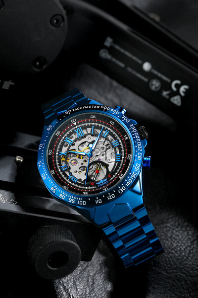 2024 Blue Dial Stainless Steel Skeleton Mechanical Automatic Watch Military Waterproof Male Wrist Watches High End Luxury