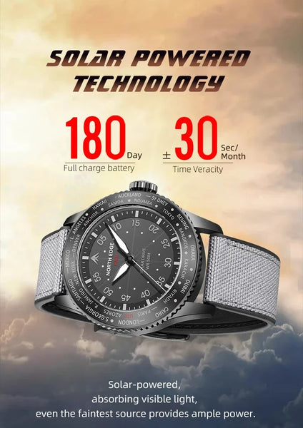 NORTH EDGE MACH 2024 Pilot Watch – Solar Powered, Dual Time, Waterproof