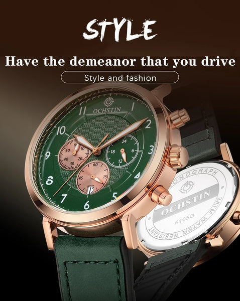 OCHSTIN Commander Men’s Watch – Quartz Movement, Magnetic Buckle, Waterproof, Leather-Rubber Strap