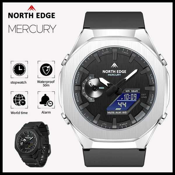 NORTH EDGE MERCURY Sports Watch – Digital Quartz, Stopwatch, World Time, 50M Waterproof