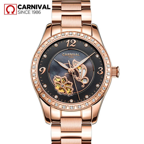 CARNIVAL Women’s Automatic Watch – Rose Gold, Butterfly Dial, Diamond Luxury Mechanical, Waterproof Reloj Feminino