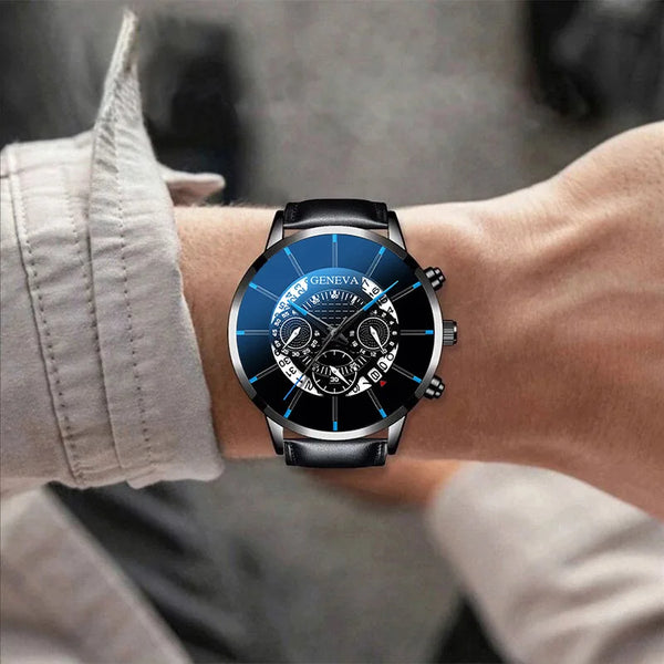 3pcs Men's Fashion Atmospheric Simple Trend Large Disc Business Quartz Watch High-end Luxury Blue Bracelet Two-Piece Set