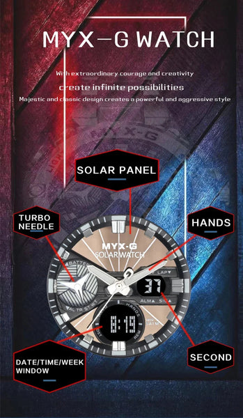 Men’s Eco Drive Watch – Solar + Motion Power, Windmill Dial
This solar-powered men's watch combines kinetic energy, alarm and timer functions, and a unique rotating windmill design—all housed in a durable all-steel body