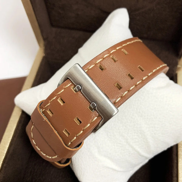 Men's Chronograph Watch – Blue Camouflage Dial, Yellow Accents, Luminous Hands, Leather Canvas Strap, Multifunction Movement