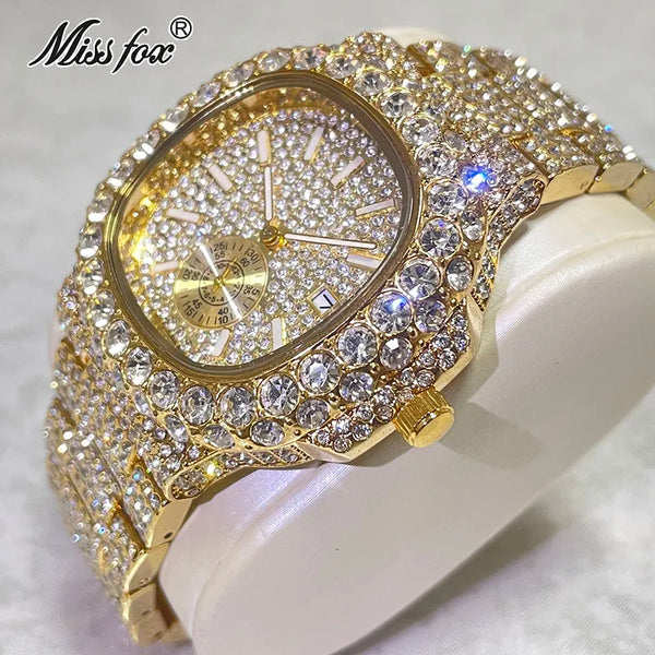 MISSFOX Men's Iced Out Watch – 18K Gold, Full Diamond, Auto Date, Waterproof