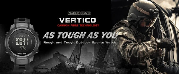 The NORTH EDGE MARS Pro is a rugged, multifunctional digital watch designed for outdoor enthusiasts, military use, and adventure seekers. It features a carbon fiber case, altimeter, barometer, compass, and 50M water resistanc