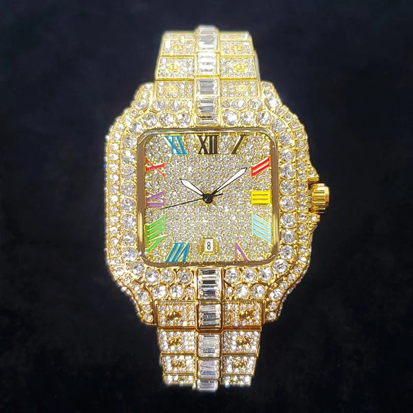 2025 Men's Iced Out Watch – Square, Diamond Bling, Colorful Numbers, Hip Hop Style