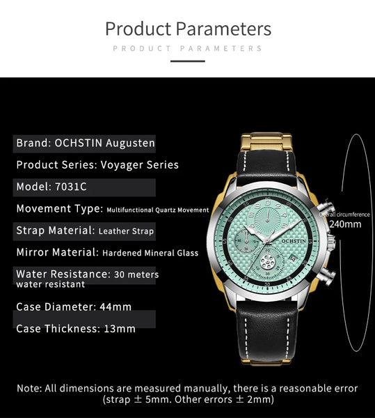 OCHSTIN Men’s Quartz Chronograph Watch – Waterproof, Leather Strap, Luminous Hands, Luxury Wristwatch
