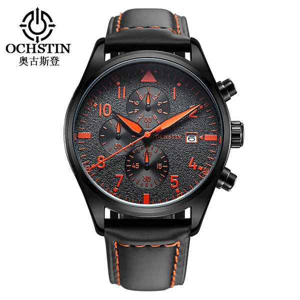 OCHSTIN Men’s Sports Watch – Waterproof Quartz, Calendar, Three-Eye Dial, Leather Strap, Fashion Casual