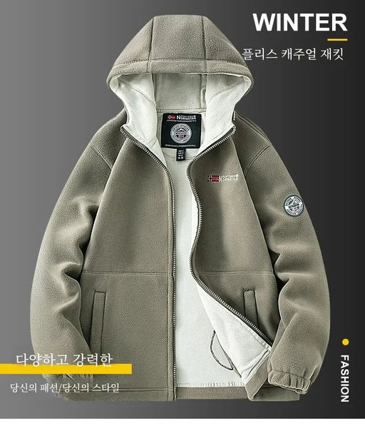 Norway Men's Plus Size Polar Fleece Jacket – Thick Double-Layer Hooded Winter Coat, Warm Fleece-Lined Outdoor Outerwear
