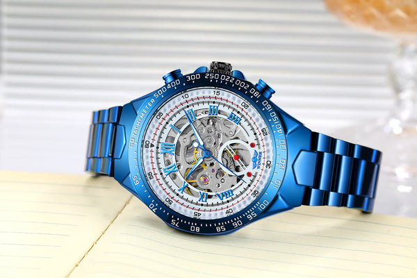 2024 Blue Dial Stainless Steel Skeleton Mechanical Automatic Watch Military Waterproof Male Wrist Watches High End Luxury