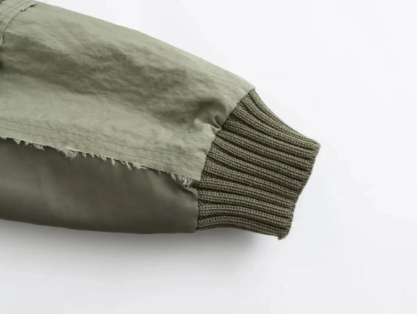 Women's Oversized Army Green Bomber Jacket – Streetwear Patchwork Style with Zipper Pockets, 2025 Fall/Winter Fashion