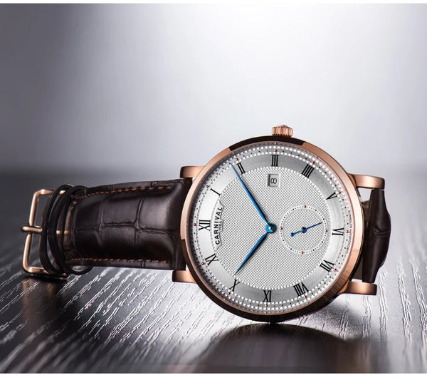 Carnival Men’s Luxury Watch – Automatic Mechanical, Waterproof, Rose Gold/Silver, Calendar