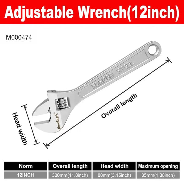 Heavy-Duty Adjustable Wrench – Large Opening, Long Handle, CR-V Steel