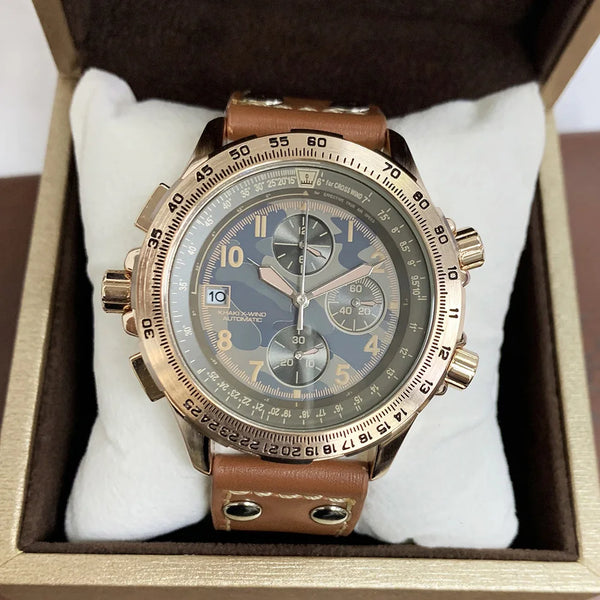 Men's Chronograph Watch – Blue Camouflage Dial, Yellow Accents, Luminous Hands, Leather Canvas Strap, Multifunction Movement