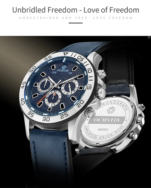 OCHSTIN Men’s Quartz Watch – Waterproof, Leather Strap, 24-Hour Display, Multifunction Classic Wristwatch