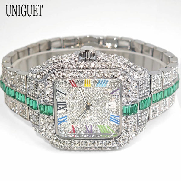 2025 Men's Luxury Watch – Rainbow Dial, Diamond Bling, Waterproof, Hip Hop Style